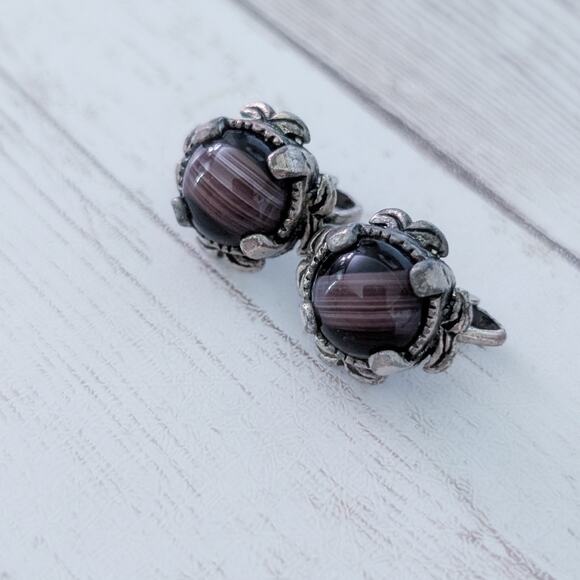Vintage Clip On Earrings Dark Purple with Dark Silver Tone Ornate Setting - Picture 3 of 12